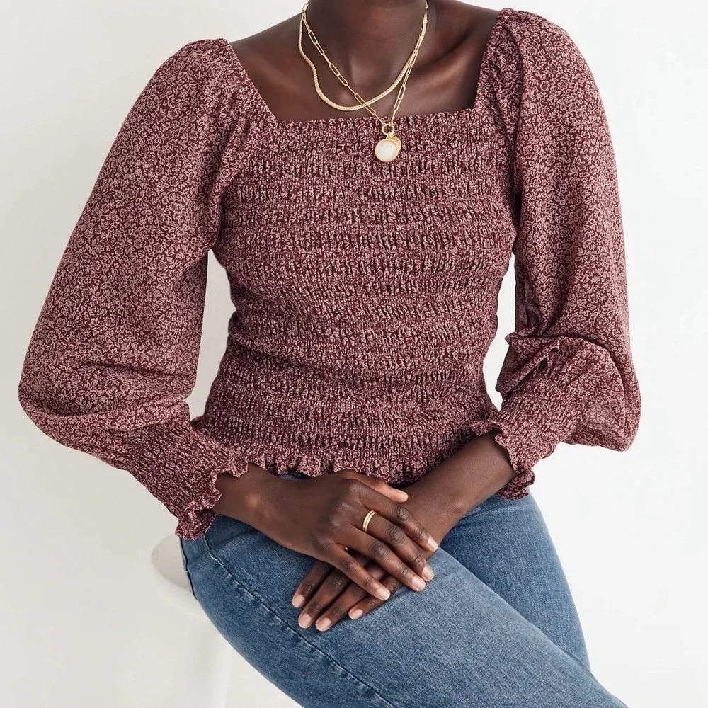 Madewell Lucie Bubble-Sleeve Smocked Top Cottage Garden Womens Size L Burgundy